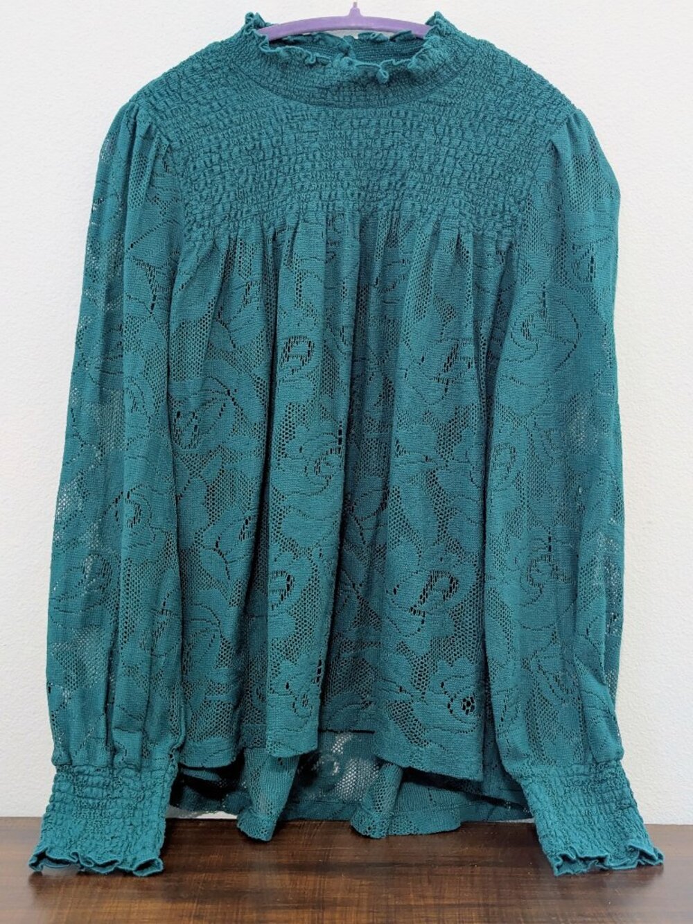 Sundance Lace Teal Mock Neck Blouse